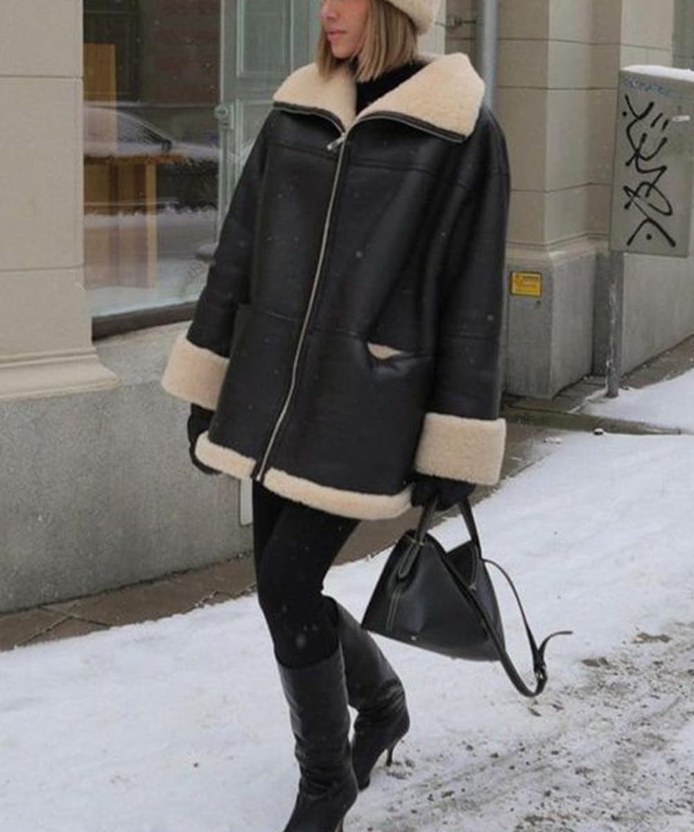 Glkaend Damen Faux Shearing Moto Bomberjacke Sherpa-gefütterter Mantel Winter Aviator Ledermantel Oberbekleidung,Schwarz,S