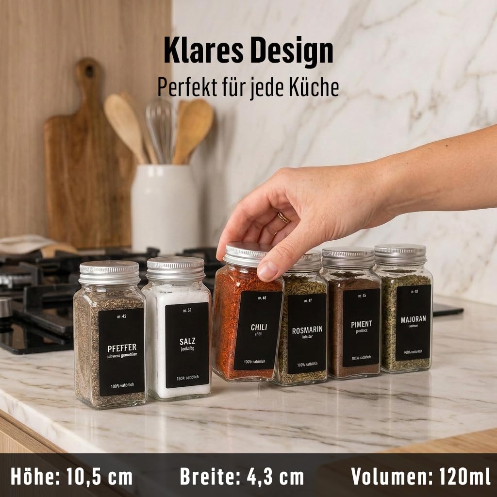 Deco haus® Gewürzgläser eckig mit Schraubkappe 12er Set [+Etiketten & Streueinsatz] - Gewürzdosen Set Glas - Gewürzbehälter Spice Jars - Gewürze Aufbewahrung - Behälter für Gewürze Gewürzaufbewahrung