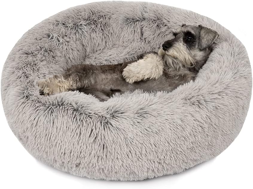 Friends Forever Donut Dog Bed Faux Fur Fluffy Calming Sofa For Medium Dogs, Soft & Plush Anti Anxiety Pet Couch For Dogs, Machine Washable Coco Pet Bed with Non-Slip Bottom, 30″x30″x7″ Grey