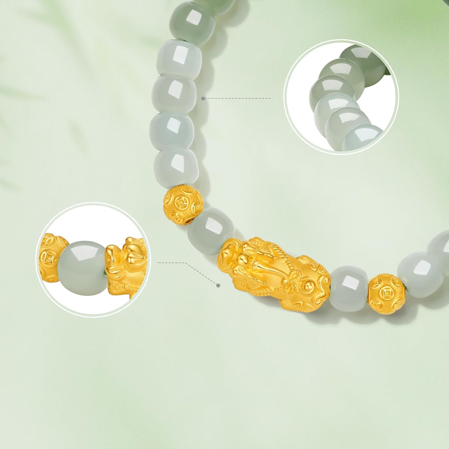 24K Solid Gold Feng Shui Bracelets Real Pure Gold Pixiu Beaded Bracelet Hetian Green Jade Dainty Jewelry for Women Her Mom Anniversary Birthday