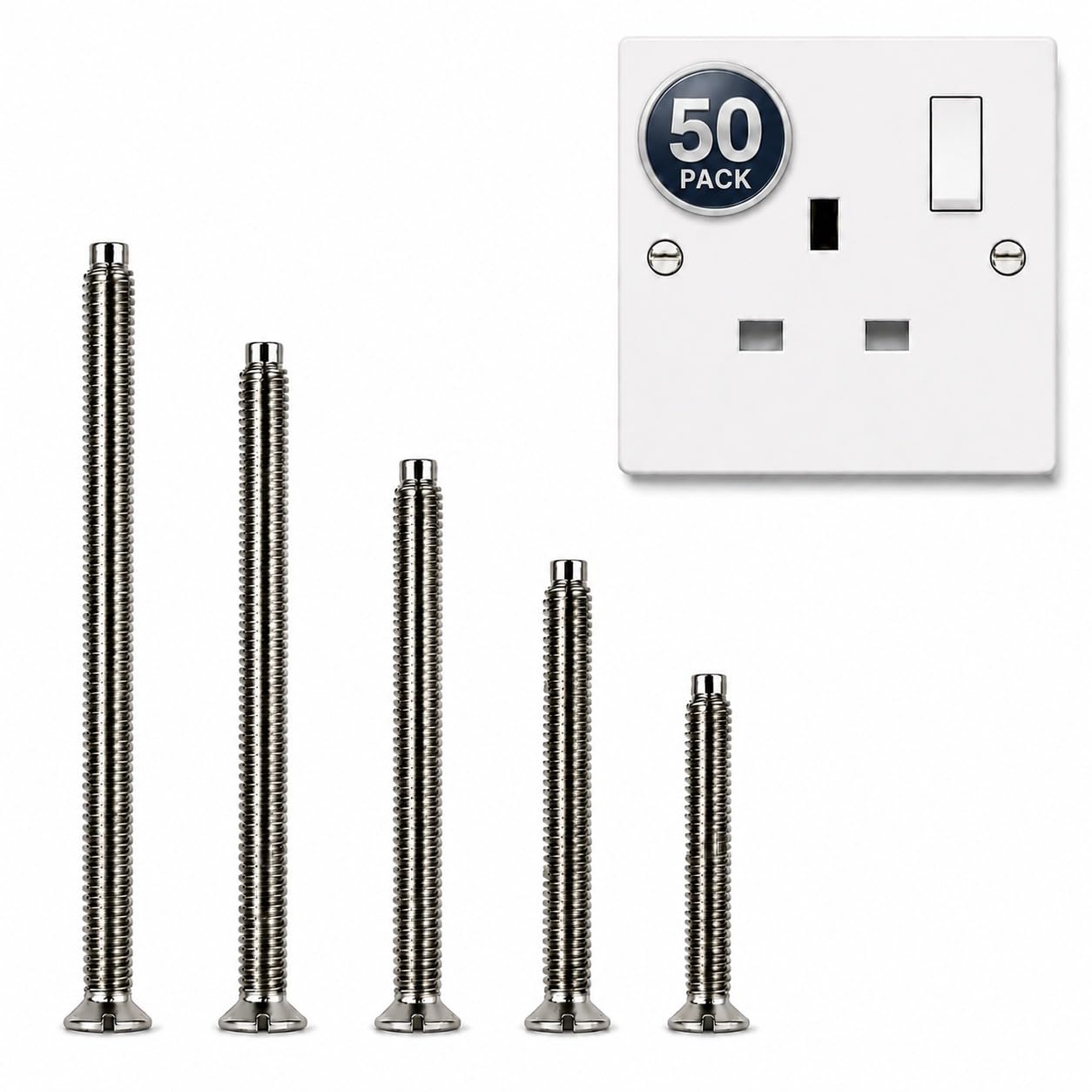 M3.5 Electrical Socket Screws | 50 Pack | 10 Each 25, 30, 40, 50 & 60mm | Slotted Countersunk | Nickel Plated (Flat, 25-60mm)