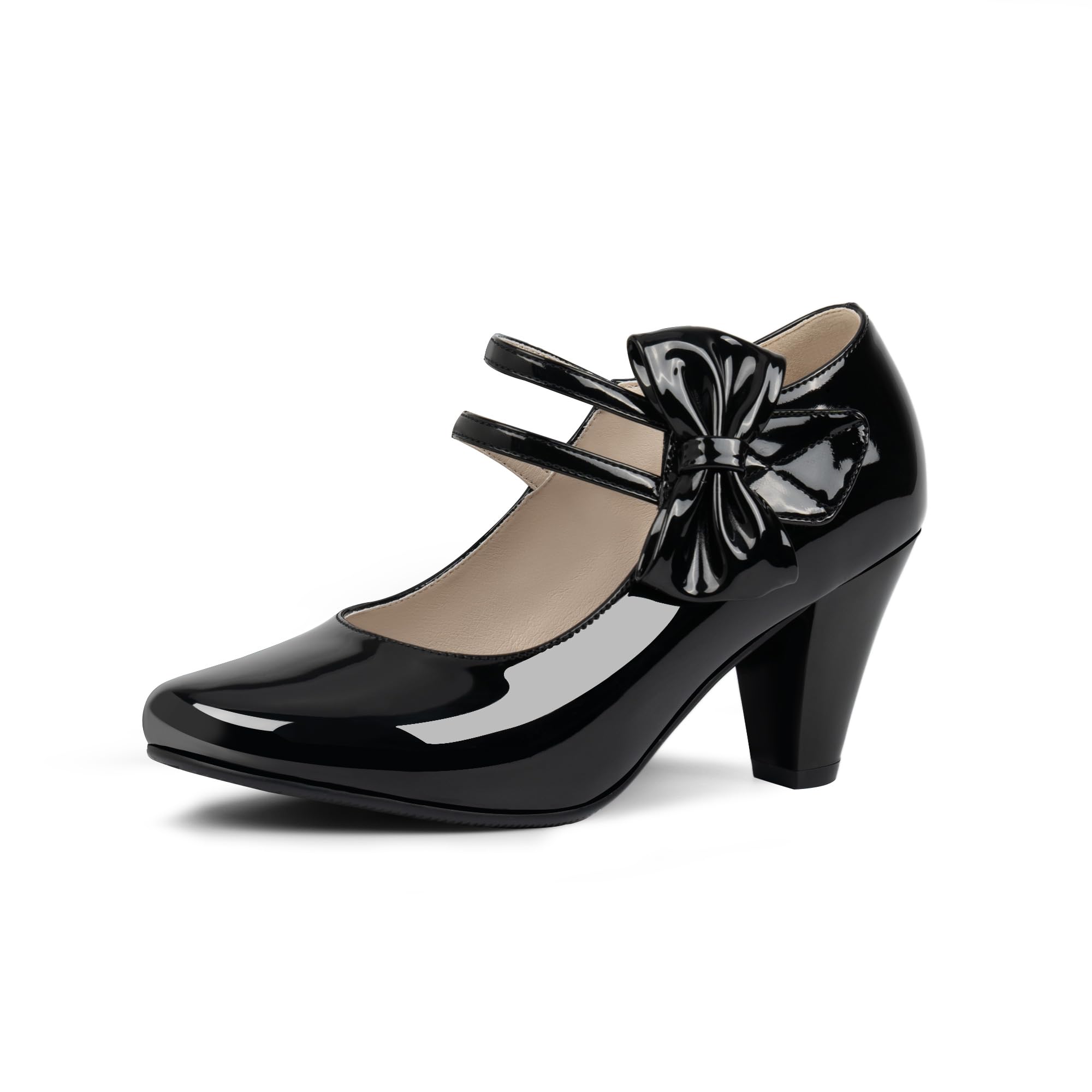 Odetina Women's Bowknot Patent Leather Sweet Closed Toe Chunky High Heel Mary Janes Pumps Almond Toe Hook Loop Ankle Strap Vintage Shoes