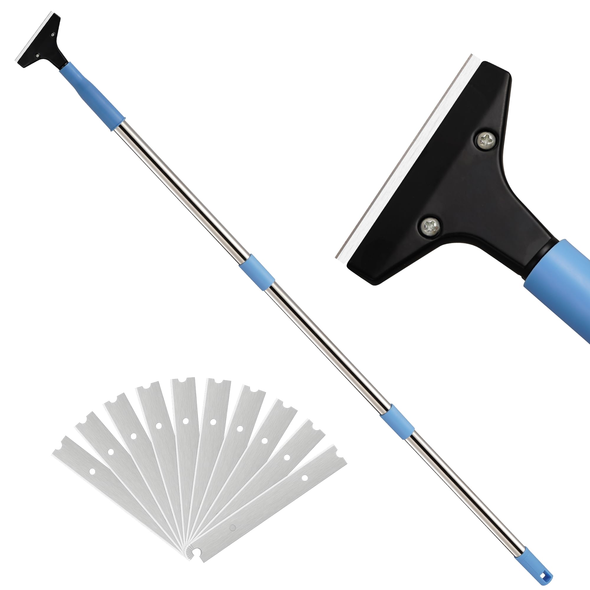 4-Inch Razor Blade Floor Scraper, Long Handle Heavy Duty 37-51.5 Inch