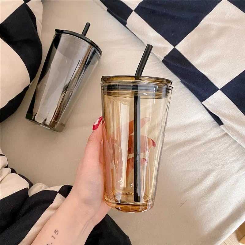 Image of WEZOSHINET Glass Tumbler with Lid and Glass Straw Coffee Tea Milk Mug for Home Office and Traveling Espresso Chocolate & Beverage, Mocha, Cappuccino, Shake, Juice Mug Black 450ML (Grey)