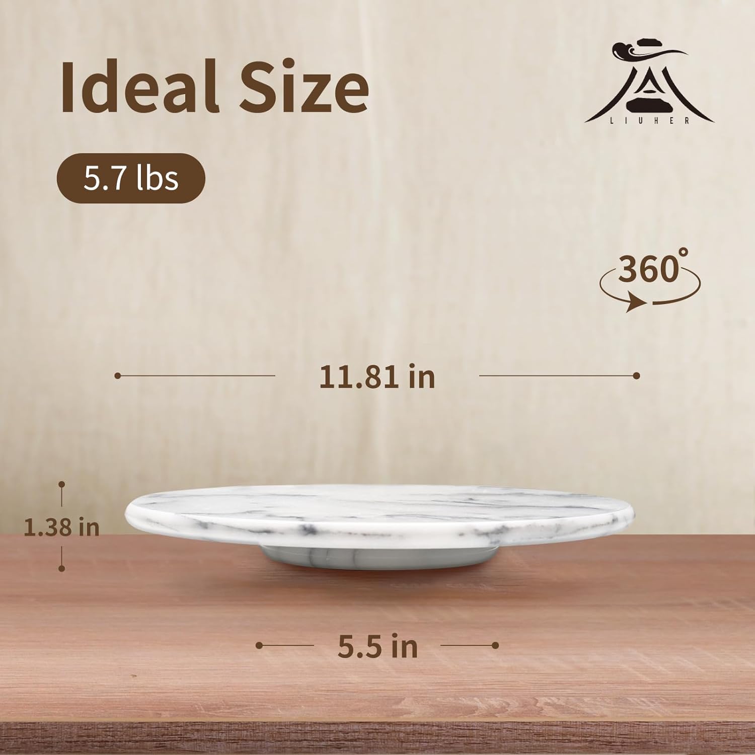 Marble Lazy Susan Turntable for Dining Table & Countertop - 12 Inch White Stone Lazy Susan Cake Stand with Smooth 360° Rotation for Kitchen Serving, Food Display & Decorating