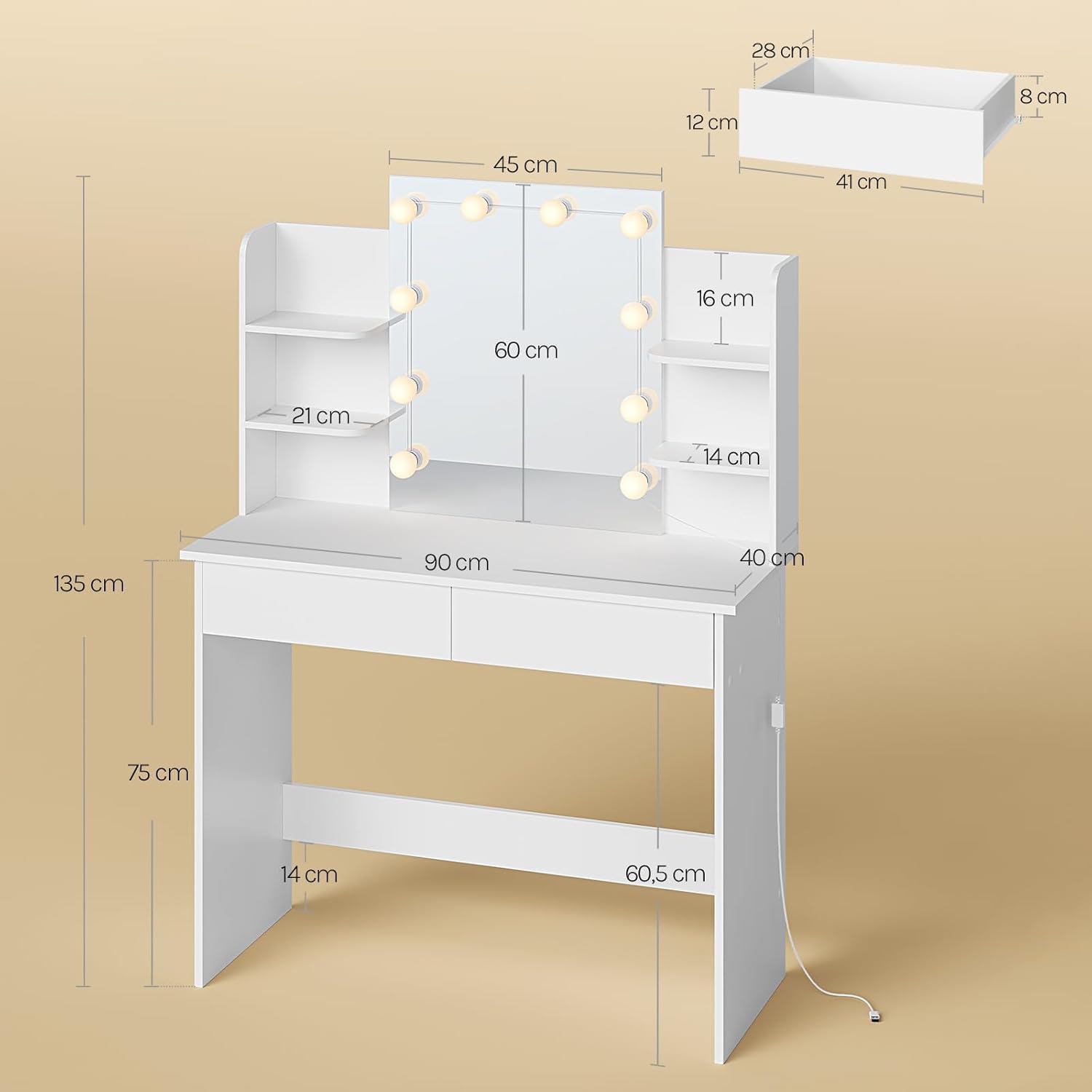 WOLTU Toeletta con Specchio e Luci LED, Postazione Trucco con 10 Lampadine Dimmerabili, Scrivania da Trucco con 2 Cassetti e 4 Ripiani, Tavolo da Camera da Letto, Legno, 90x40x135cm, Bianco