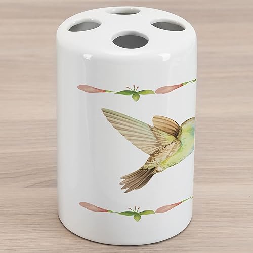 Ambesonne Soporte para cepillo de dientes de cerámica con colibrí, colibrí volando sobre un tallo de flor fucsia, impresión artística con efecto