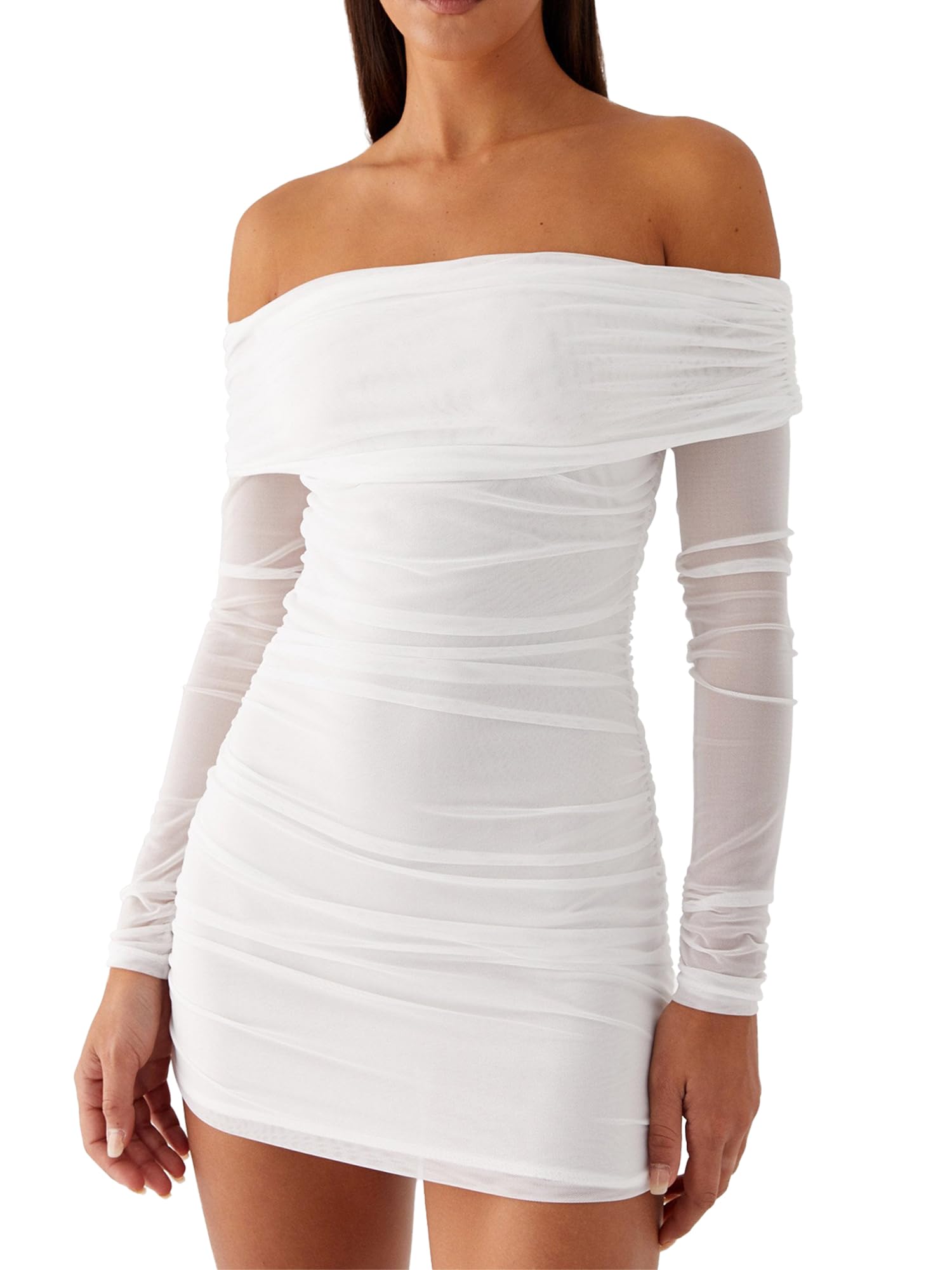 Mokoru Women's Sexy Elegant Off The Shoulder Mesh Long Sleeve Ruched Bodycon Cocktail Party Mini Dresses
