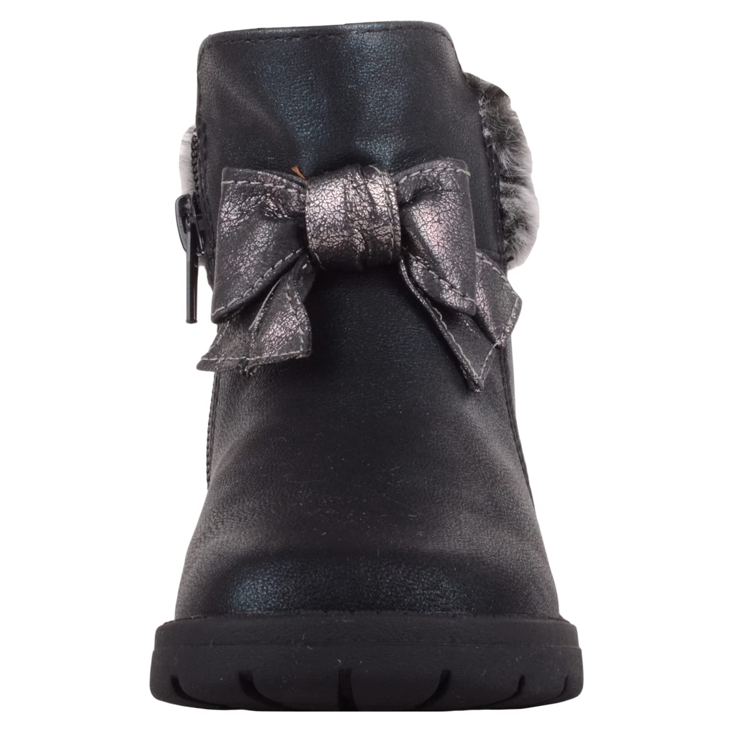 ABSOLUTE FOOTWEAR Childrens Kids Infant Girls Easy Slip on Zip Up Faux Fur Lined Bow Design Boots Booties - Black - US Infant 9