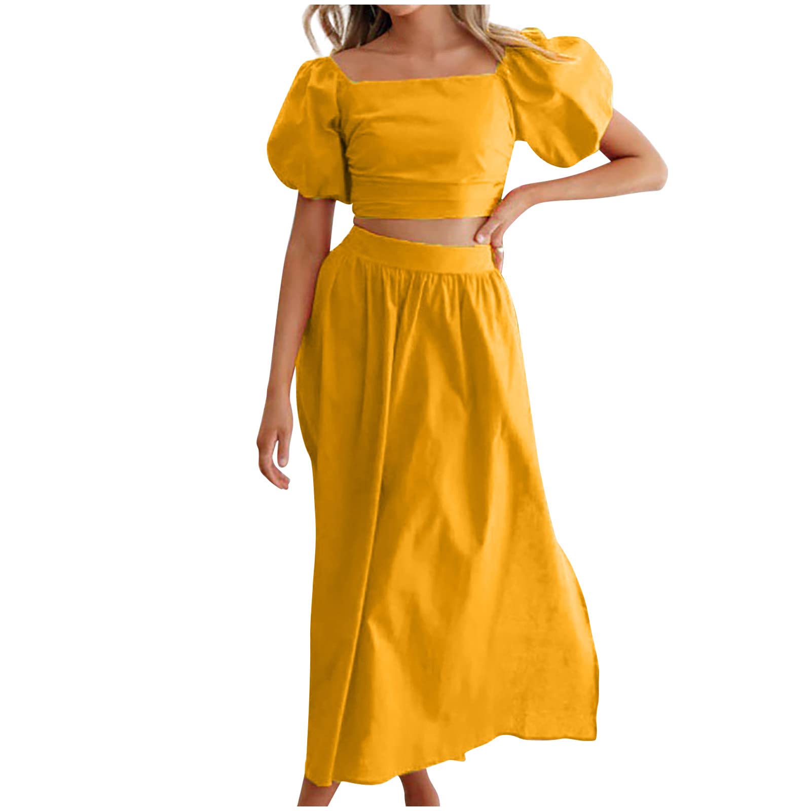 Women's 2024 Summer Two Piece Outfits Square Neck Puff