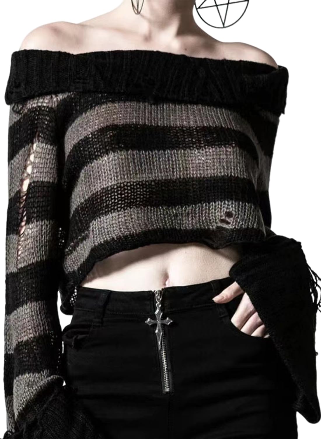 Kurkur Women's Black&Grey Punk Gothic Hollow Sweater Striped Long Sleeve Cropped Off Shoulder Knit Pullover Tops(,Medium)