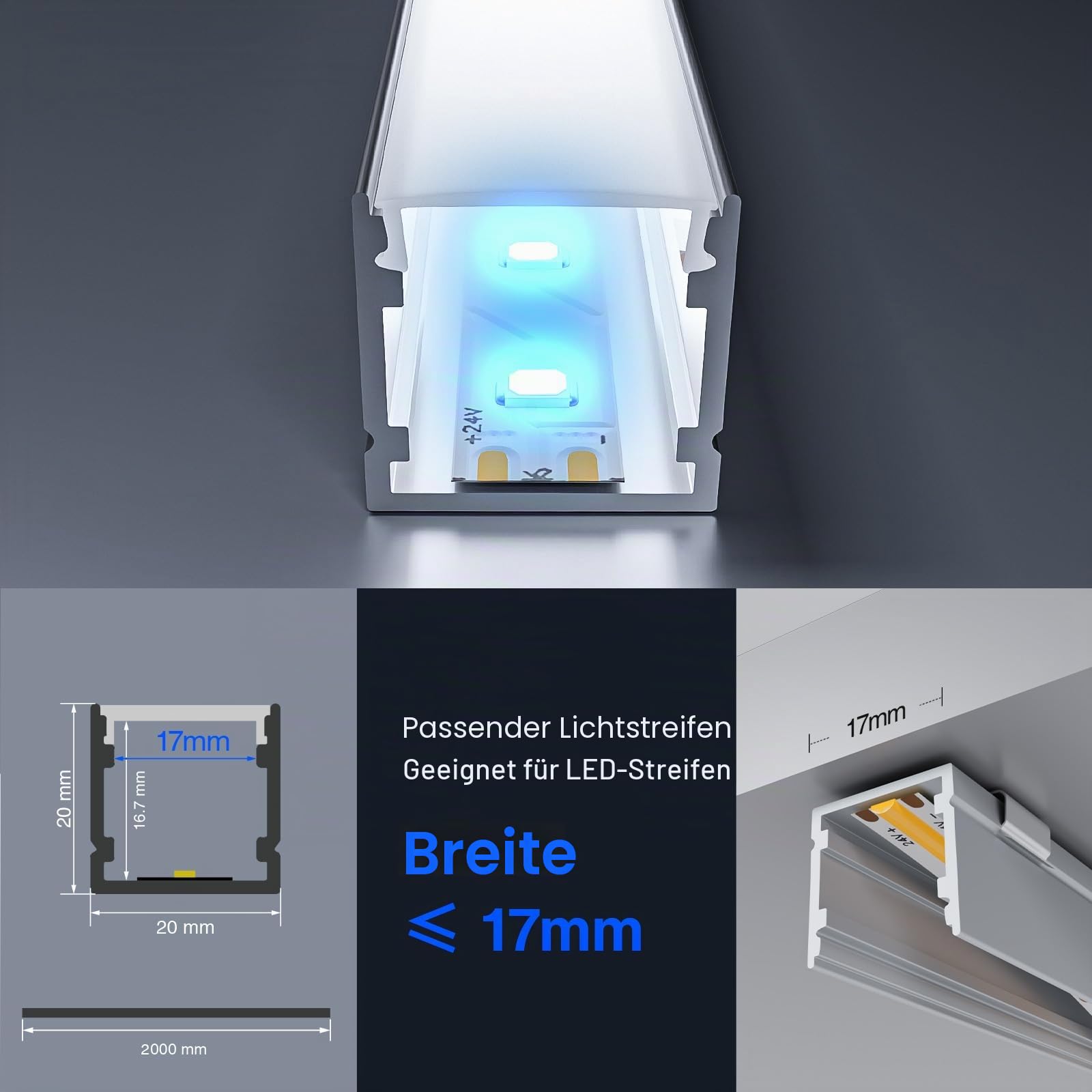 LED Aluminium Profil 10 x 2m(20m) Aluminium Oberflächenprofil für LED Streifen bis 15mm Breite mit milchweißer PC Abdeckung und Zubehörset(SP33)