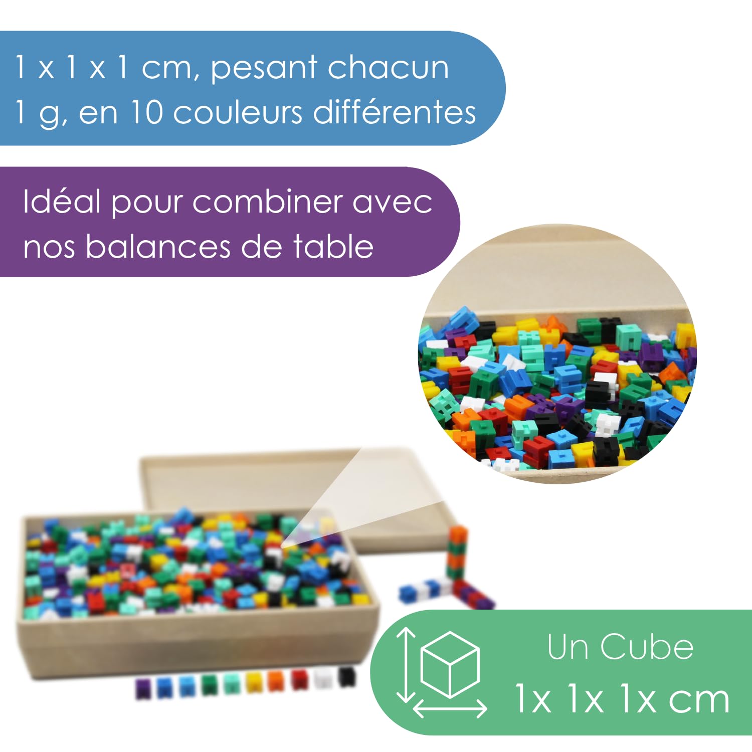 Wissner® Apprendre activement - Cubes à Poids emboîtables en 10 Couleurs (1000 pièces) - RE-Plastic
