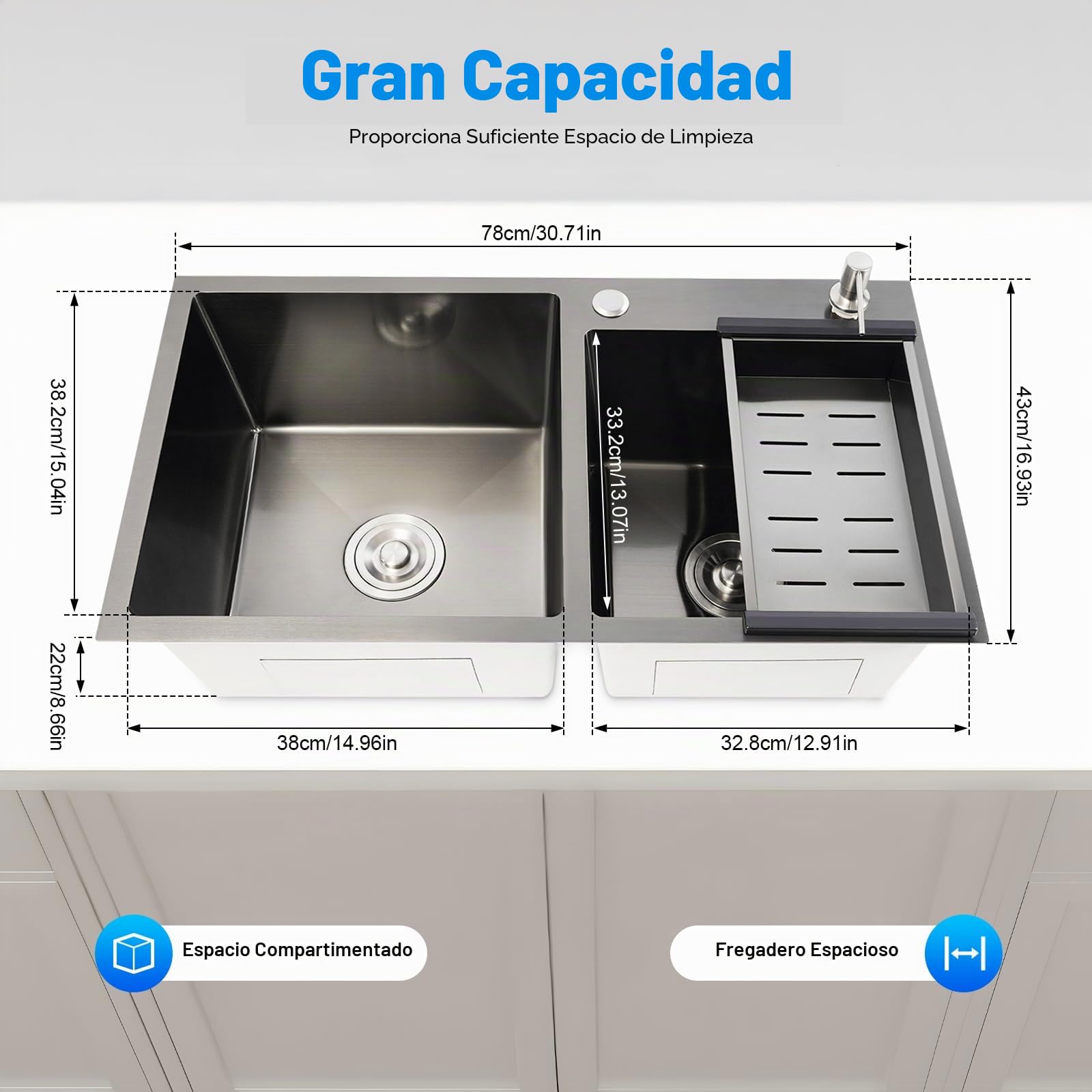 Fregadero doble para cocina, 78 x 43 cm, acero inoxidable, con tubo de desagüe y rebosadero, dispensador de jabón, de tubos en S, color negro