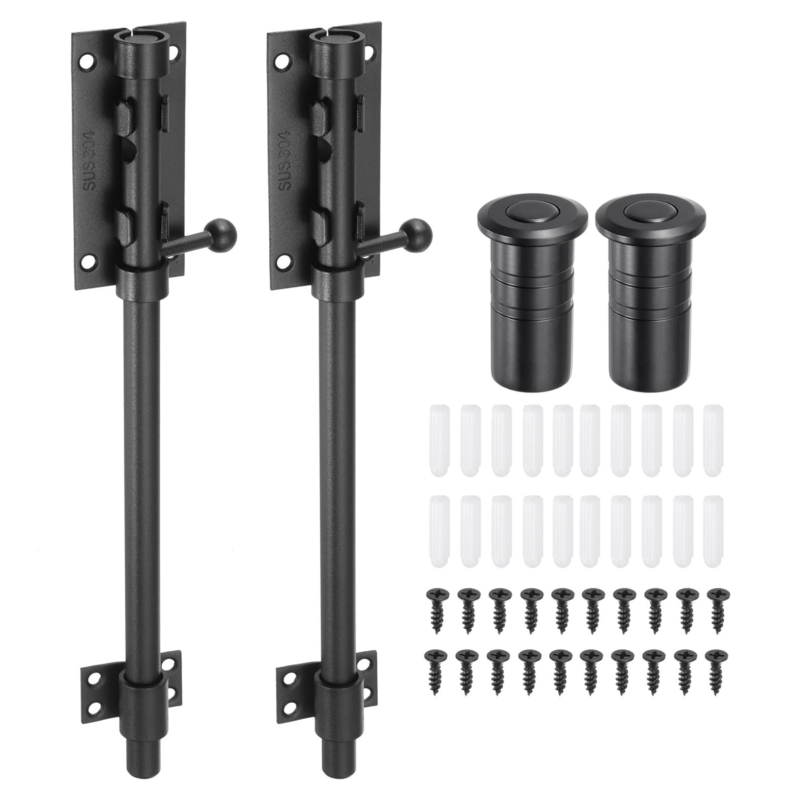 sourcing map 2-Pack Slide Bolt Latch, 12 in 304 Stainless Steel Barrel Bolt Latch Heavy Duty Door Latches Lock 14mm Dia Bar with Dust Container for Barn Wooden Fence Shed Door [Black]