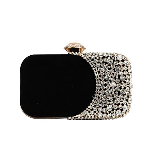 Bolsa Clutch Festa Feminina Preta Poliéster Tela Metálica Dourada Full Diamond Mão Ombro Transversal