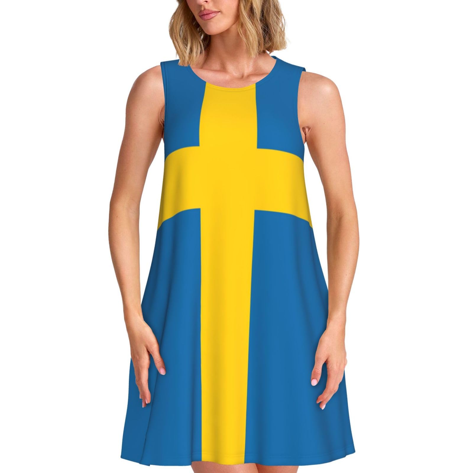 Yyoretp Swedish Flag Print Summer Dresses for Women Casual Beach Sleeveless Tshirt Tank Loose Pocket Sundress Black
