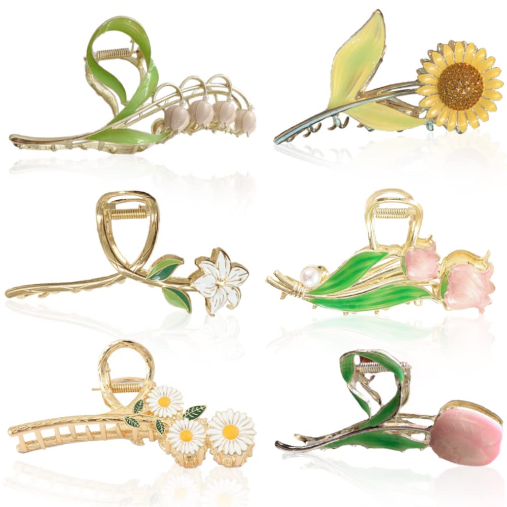 Pinzas para el pelo Kraeoke para el pelo con diseño de flores, 6 unidades, pinzas para el pelo, clip para la parte trasera de tulipanes, horquilla grande y elegante