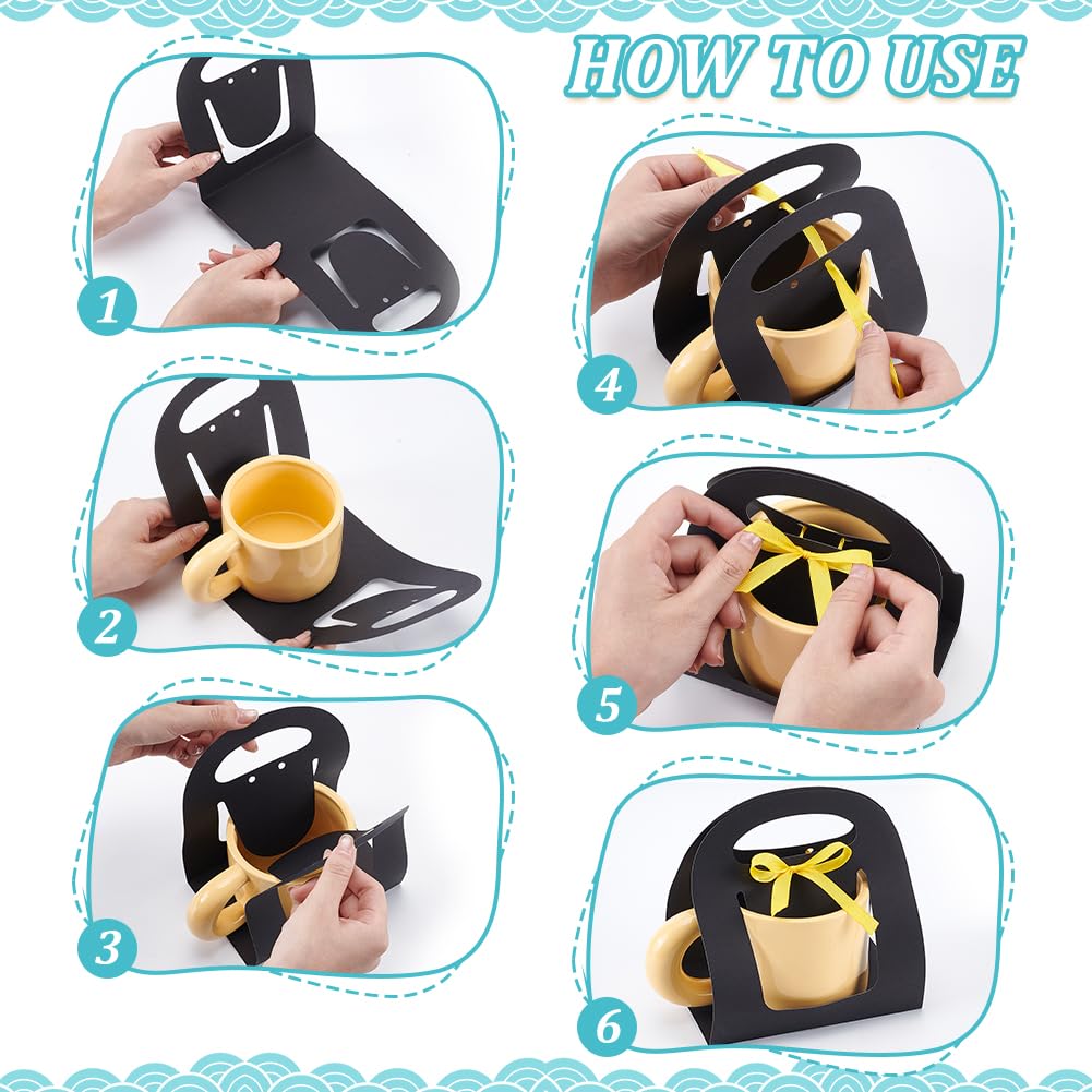 NBEADS 24 Pcs Mug Boxes for Gifts Coffee Mug Gift Boxes with 1 Roll Yellow Ribbon Paper Cup Holder with Handle for Bridesmaid Gifts Weddings DIY Decor, Black, 14x9cm - Image 3