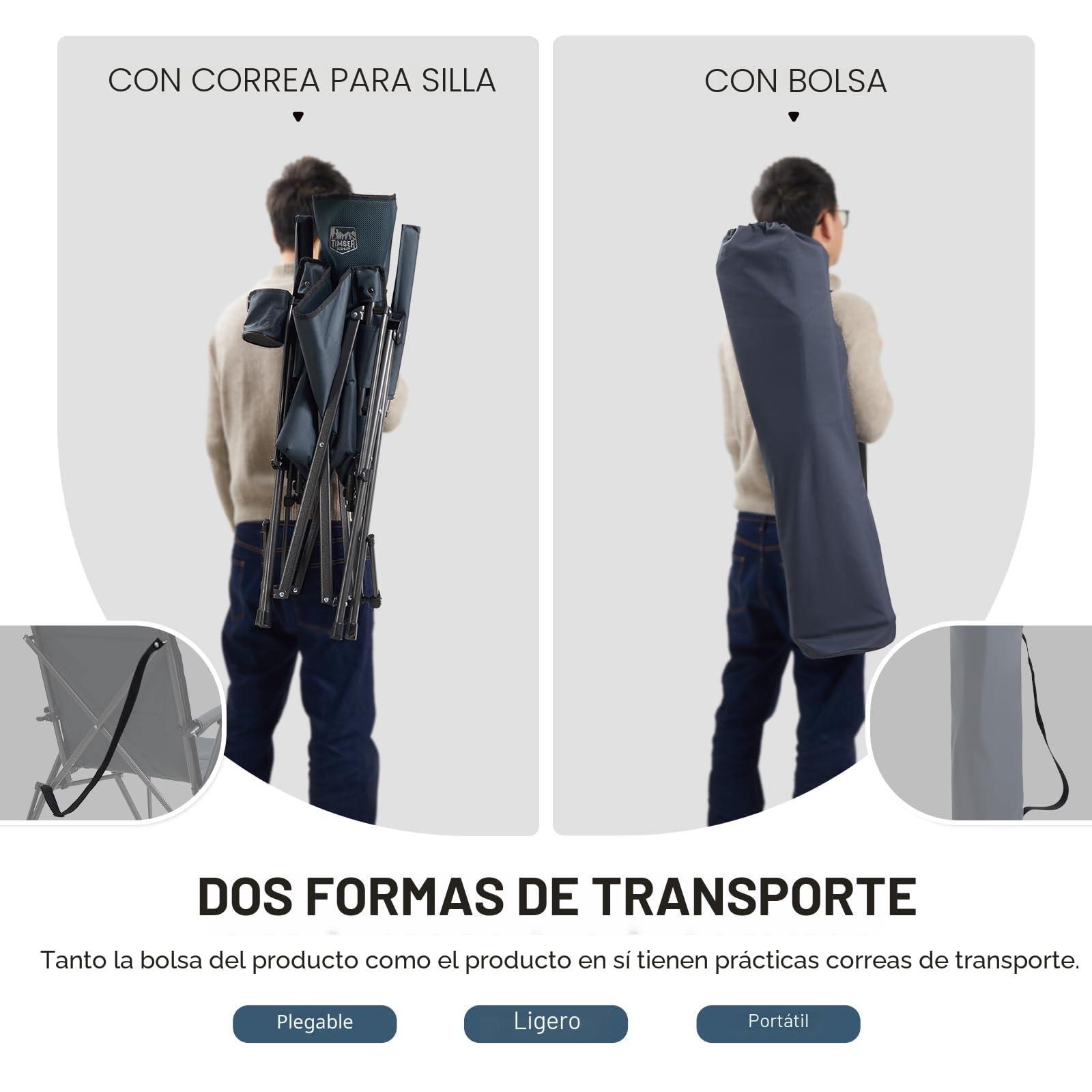 TIMBER RIDGE Silla de Camping Plegable Respaldo Alto XXL Asiento Ancho 55 cm Acolchada Capacidad de Carga de 150kg con Bolsillo Lateral para Camping Jardín Balcón