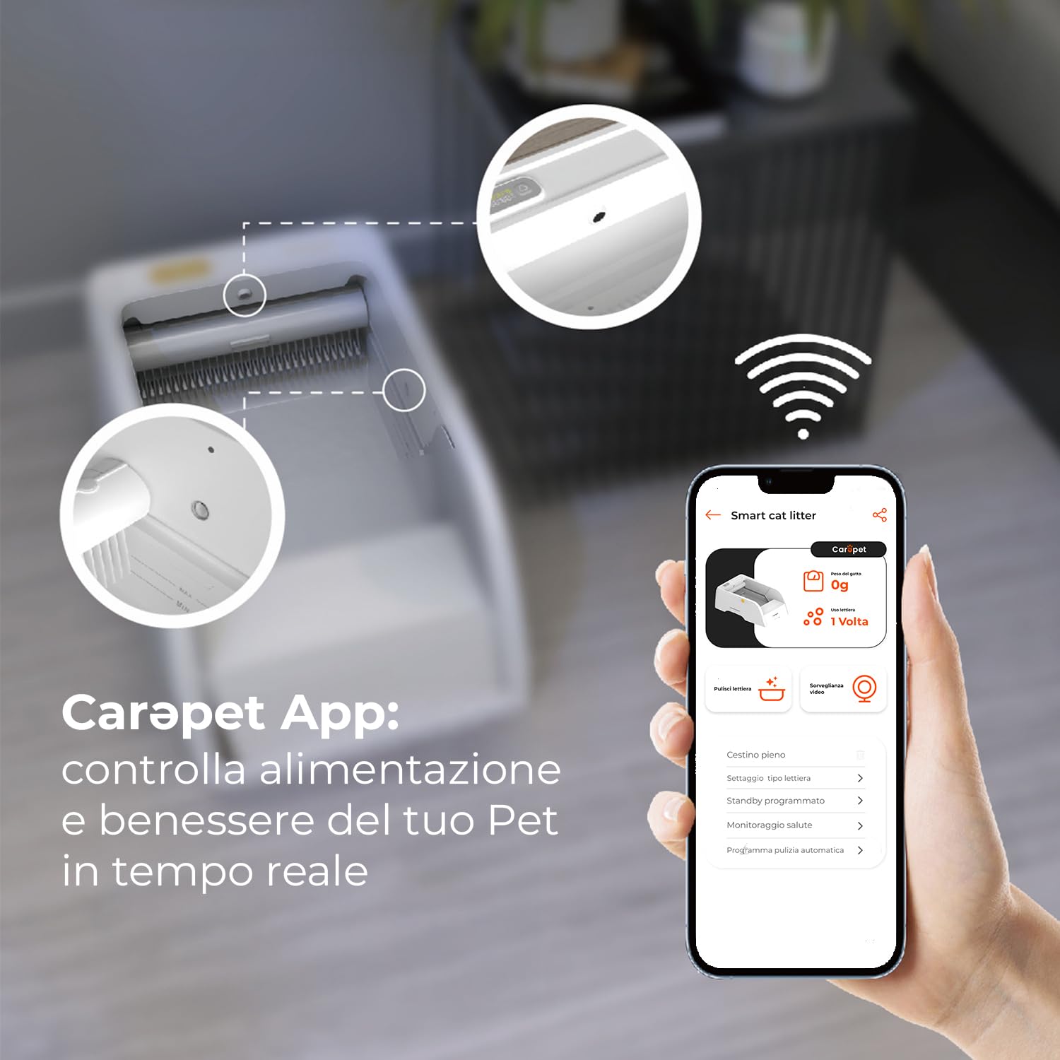 Carepet Arenero autolimpiante C102WC con cámara, control por aplicación, reconocimiento multigato, limpieza automática, sensores infrarrojos, desinfección UV, diseño compacto