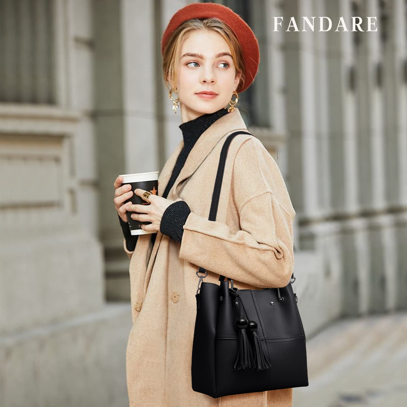 FANDARE Moda Borsa a Secchiello 3 Pezzi Set Borse a mano da donna Impermeabile Borse Tote da donna Borsa a mano con Frange PU Pelle Borsa a Tracolla con Catena per Shopping Viaggio Lavoro Nero A