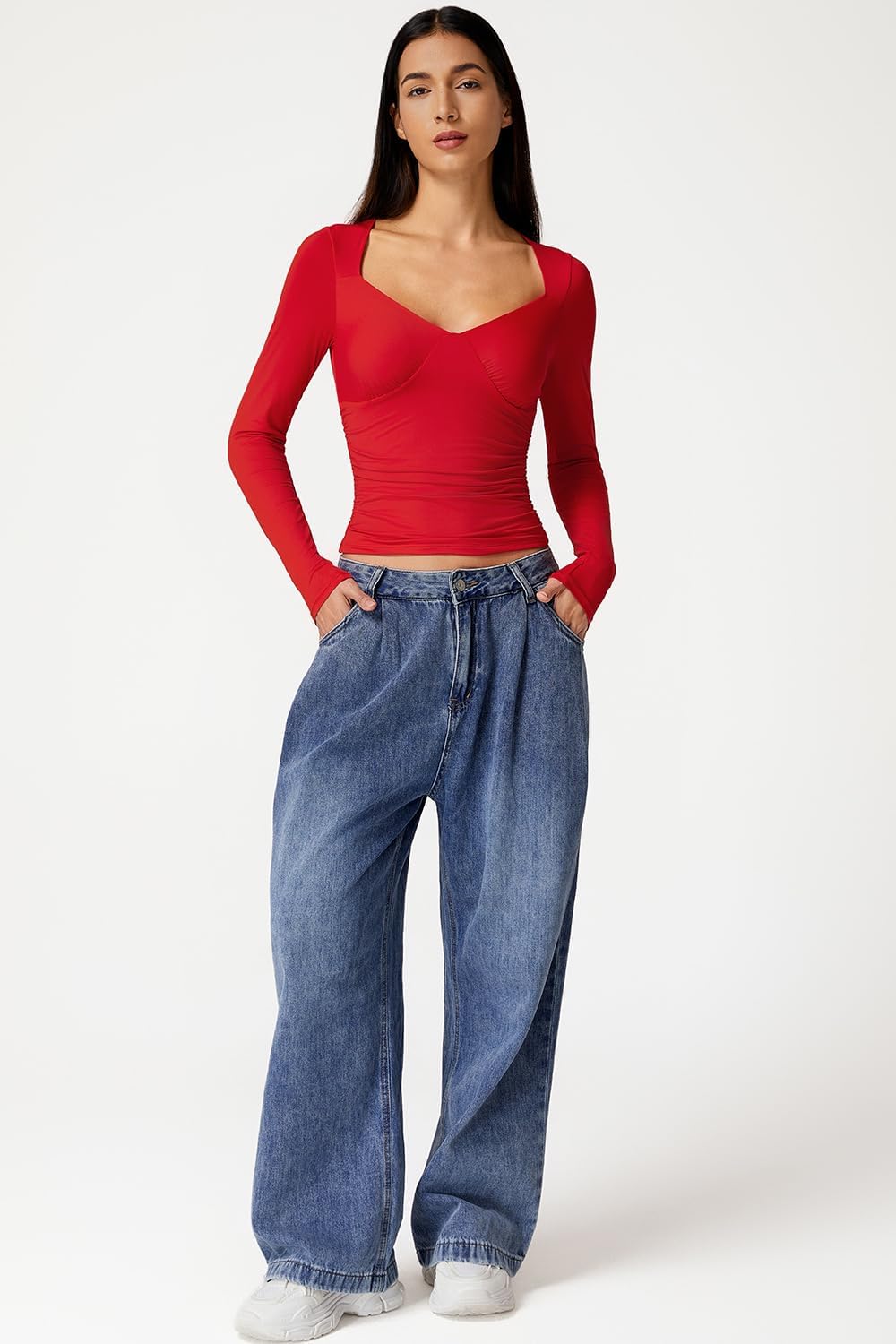 QINSEN Long Sleeve Shirts for Women V Neck Double Lined Seamed Cup Going Out Tops Side Ruched T-Shirts - Image 5