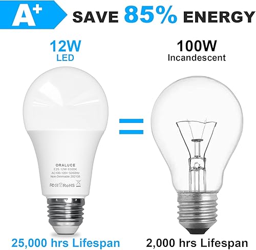 Miniatura 4 de ORALUCE Bombilla LED, bombillas A19 de 12 W, equivalente a 100 W, 120 V, 1200 lm, blanco frío 6500 K, base media E26, no regulable, eficiencia