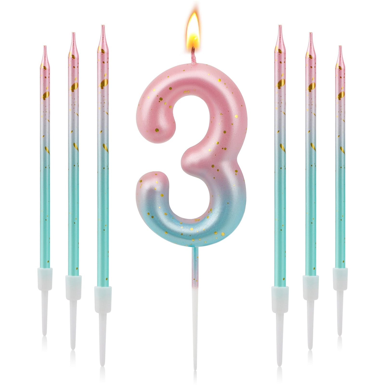 Bougie Anniversaire 3D Dégradé Bleu Rose Paillettes D'or Chiffre 3 Ans, Lot de 7