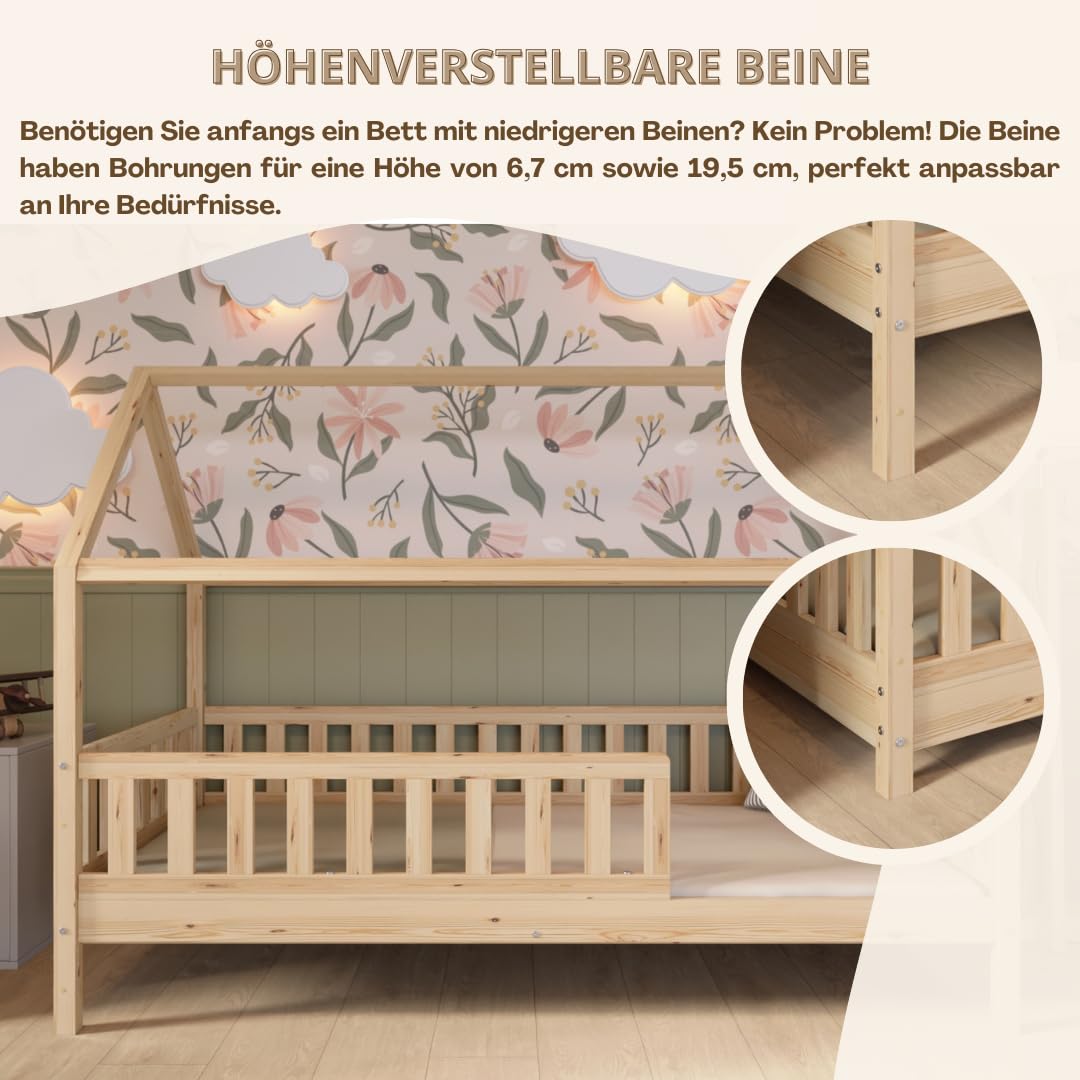 Hausbett 140x200 cm – Kinderbett aus Naturholz mit Rausfallschutz – Skandinavisches Design, Montessori Bodenbett mit Höhenverstellbaren Beinen - Crazy Blanco