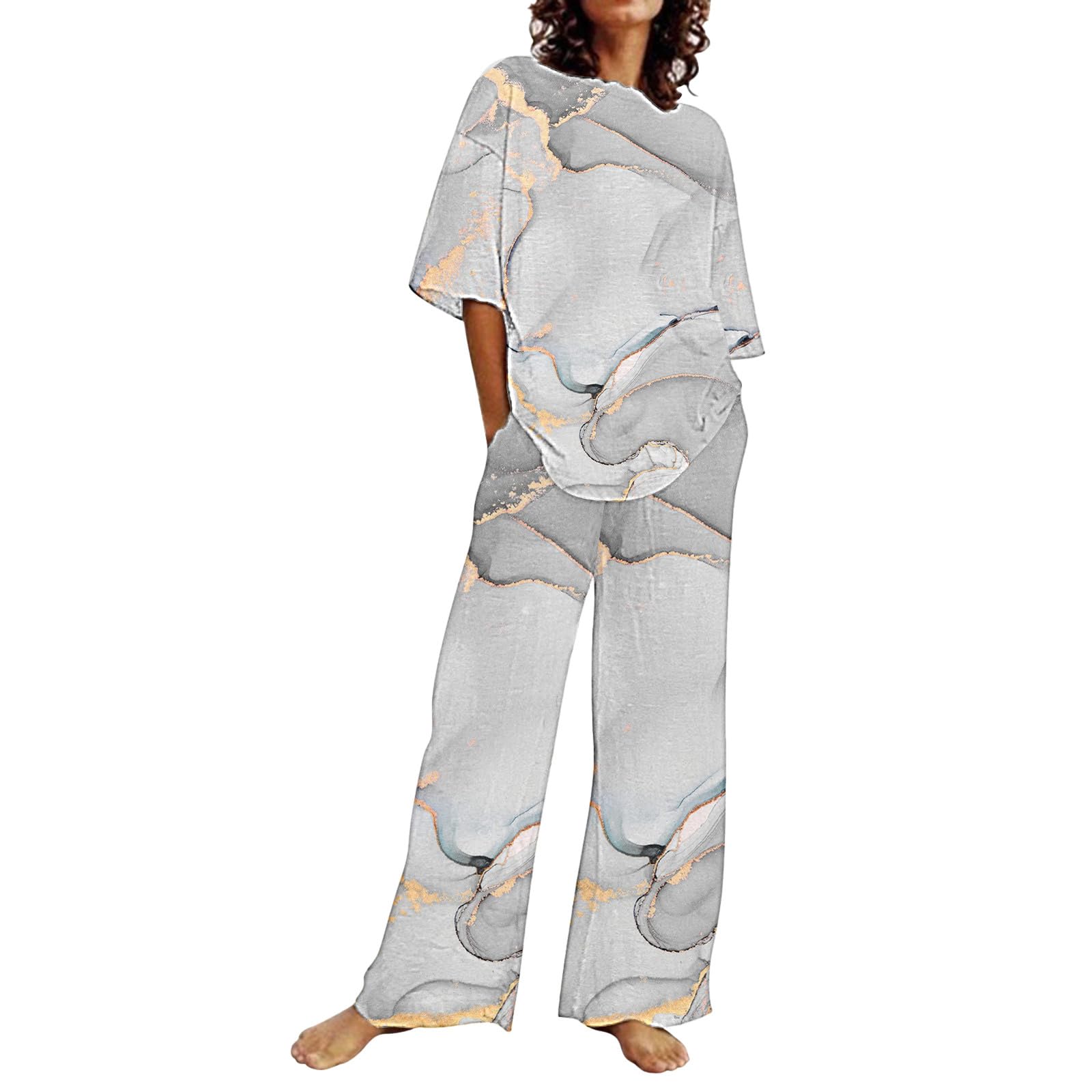 Generisch Traje de dos piezas para mujer, elegante, para boda, de lino, monocolor, transpirable, transpirable, informal, cuello redondo, blusa y pantalones largos, conjunto de 2 piezas, moda informal, muselina,