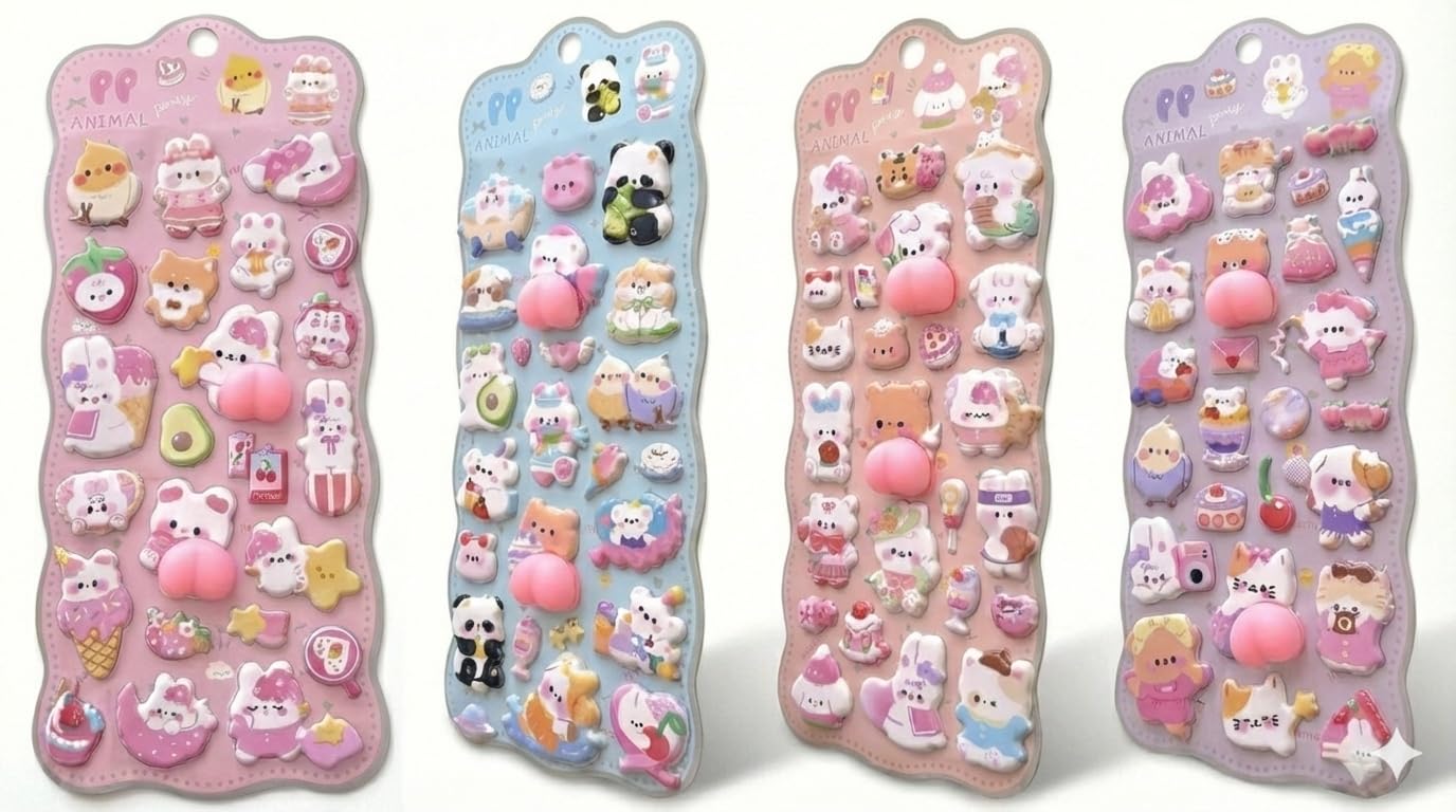 【触りたくなる】4枚セット 重複なし おしり ぷにぷにシール ぷくぷく 3D 立体 ステッカー キャラクター風 マシュマロ感 スクイーズ風 シール帳 デコレーション