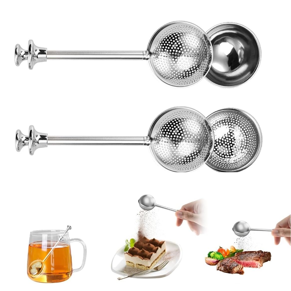 Stainless Steel Tea Infuser with Long Handle & Fine Mesh - 2-in-1 Loose Leaf Tea Strainer and Baking Sifter for Mugs, Flour Duster, Sugar Shaker (Full*1+Half*1)