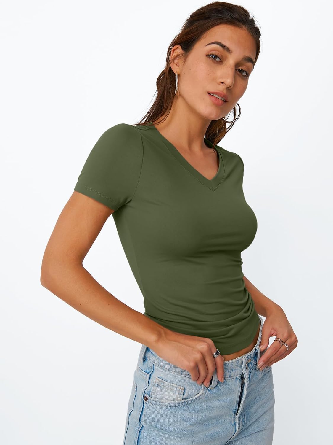 Trendy Queen Womens Basic V Neck Short Sleeve Spring T Shirts Slim Fit Crop Y2k Tee 2026 Summer Gym Workout Cute Top - Image 3