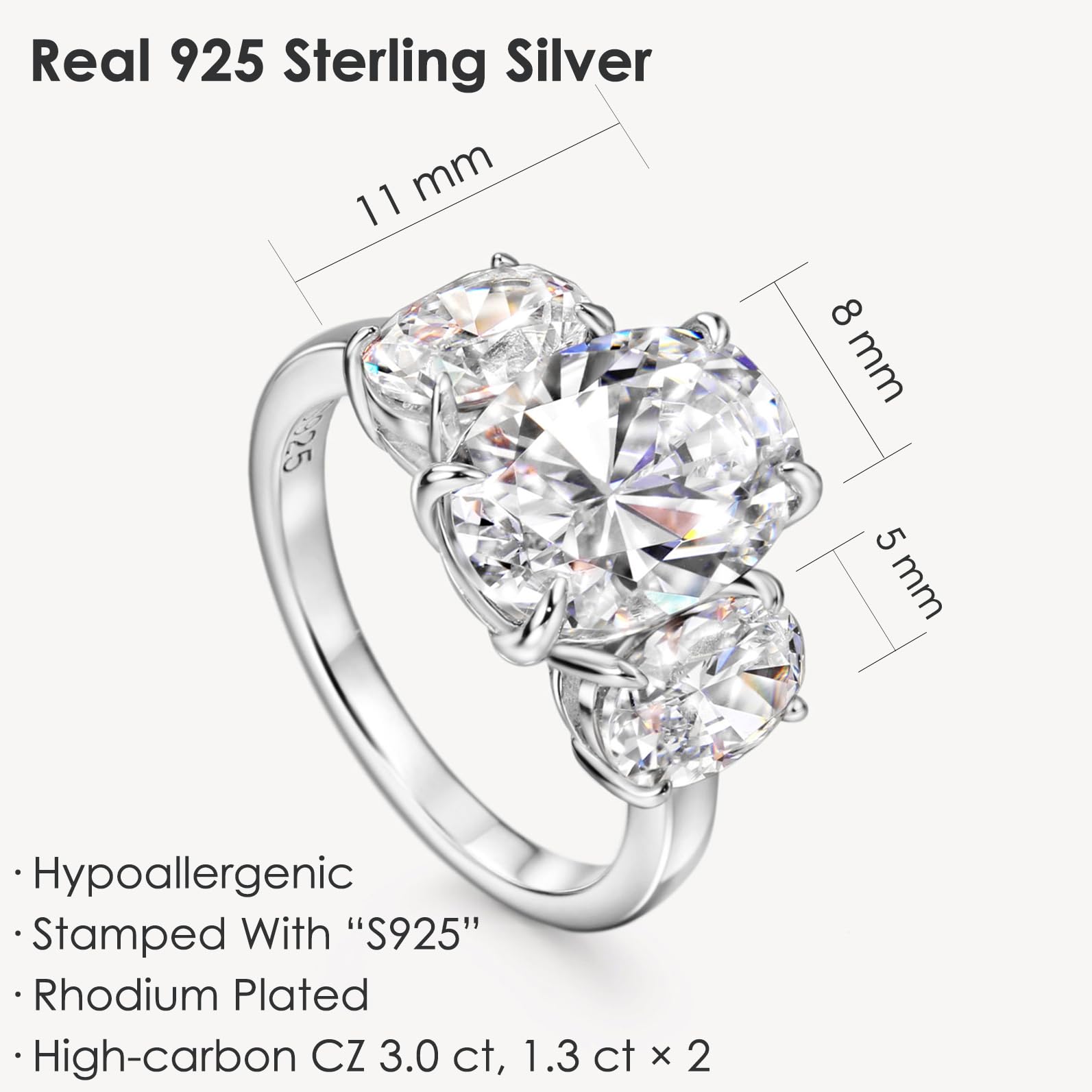 Michooyel Anillo de compromiso S925 de 5,6 quilates de corte ovalado con 3 piedras, anillo de compromiso de boda, anillo de boda de plata de ley para mujer