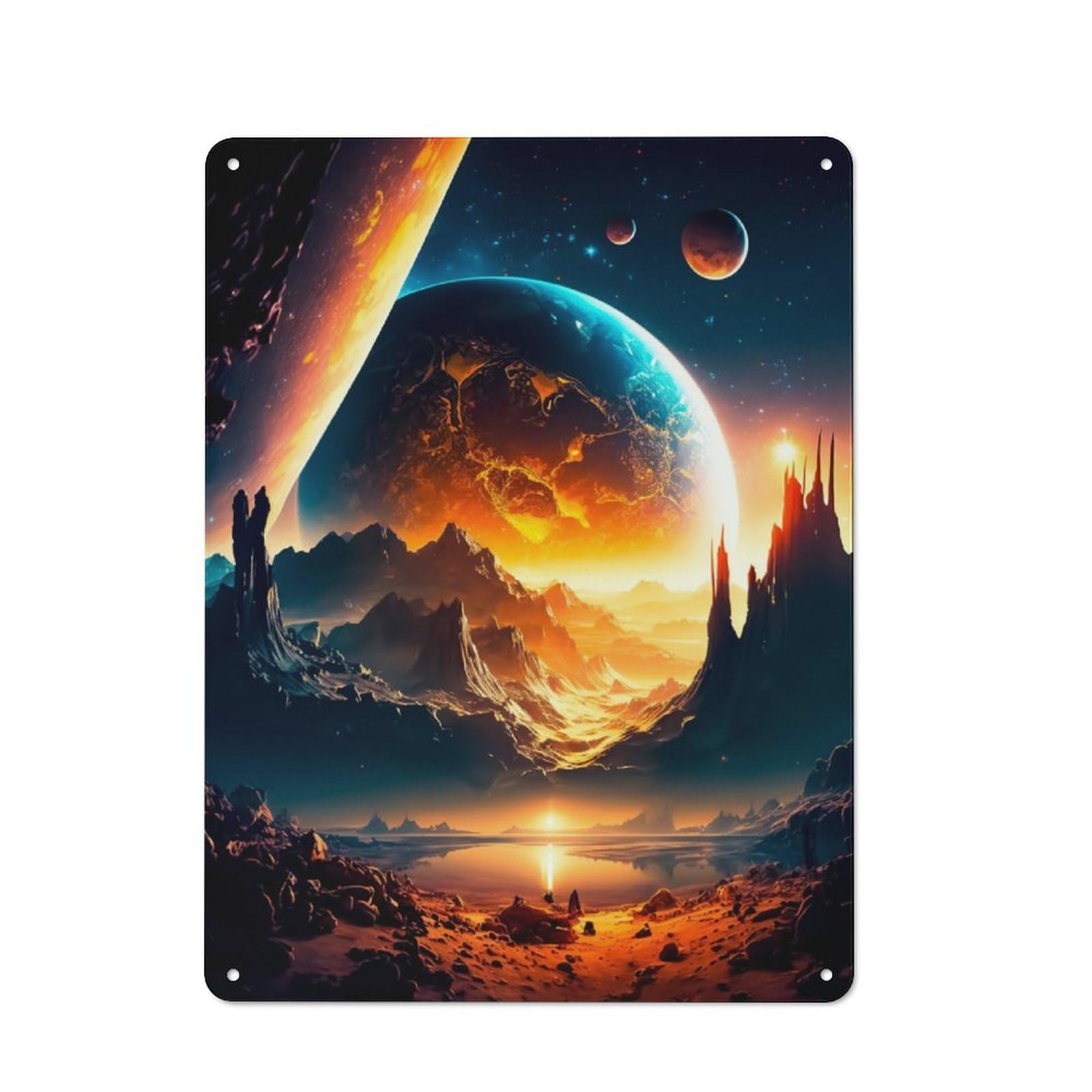 Junmoney Mountains And Planets Tin Wall Plaque 40X30cm With For Café Or Home Bar, For Themed Room Decoration, For Living Room And Hallway Decor