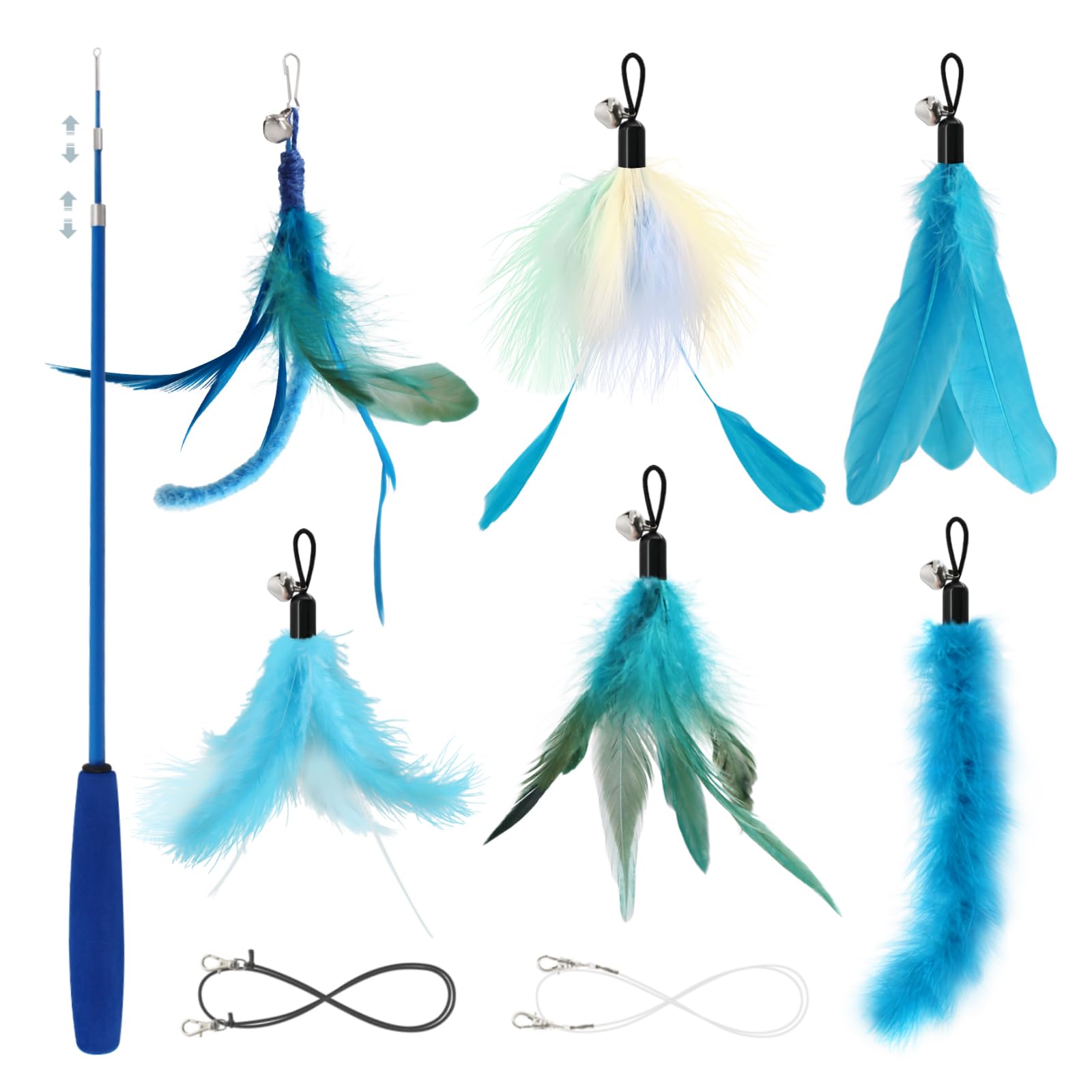 SONGWAY Cat Feather Wand Toy - 7 Pcs Cat Feather Toys, 1 Retractable Teaser Wand and 6 Tassel Dragonfly Cat Toys Refills, Interactive Cat Toys for Indoor Cats Kittens, Blue