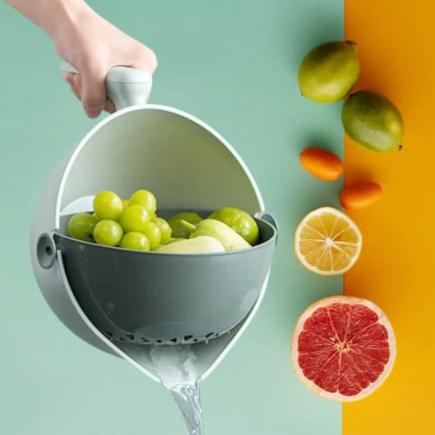 Colander and basket, strainer for fruit and vegetables. Easy use, kitchen set and helpful kitchen accessories.