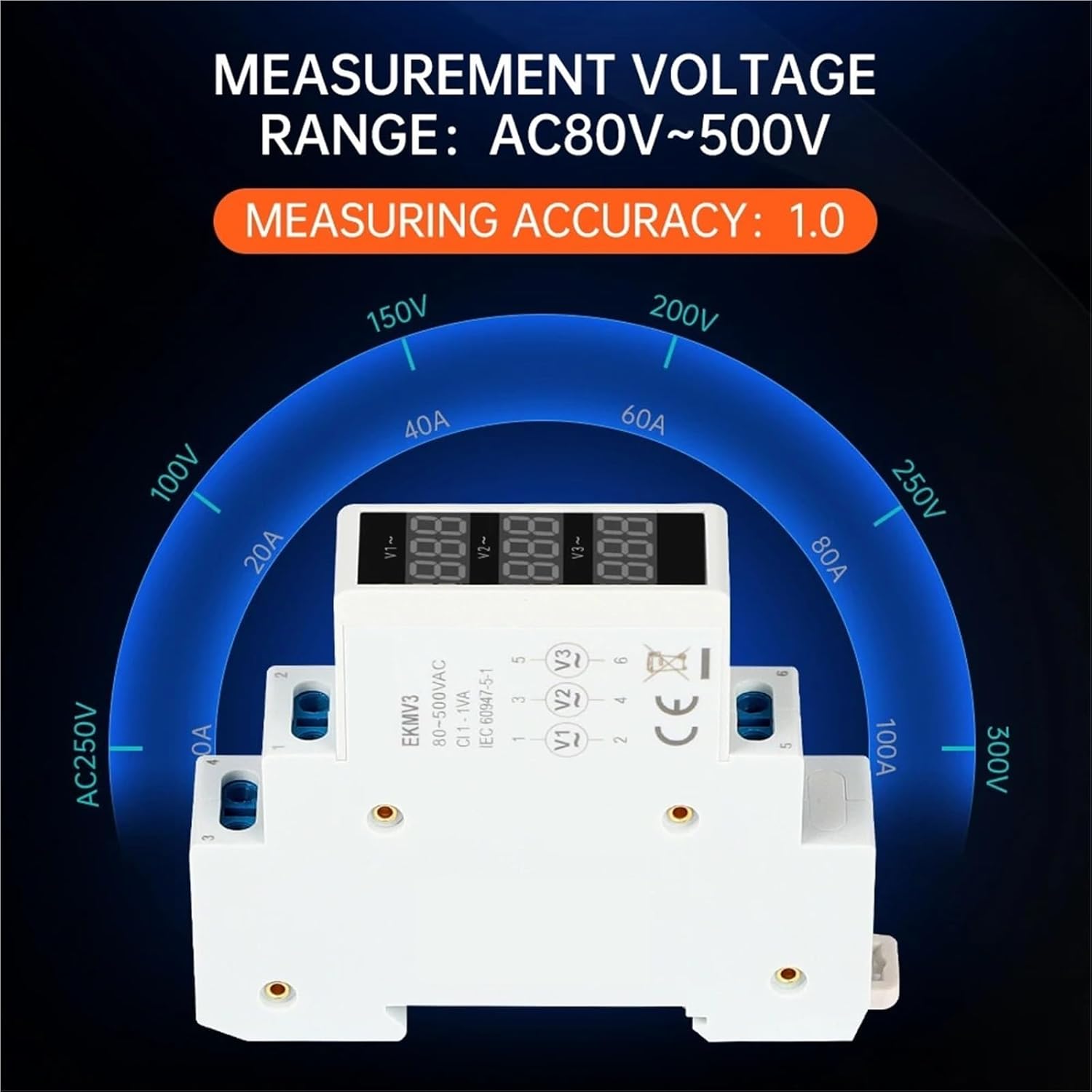 Modular Digital Voltmeter 3ph 80-500v AC Voltage Meter Rail Voltagemeter Detector Three-Display EKMV3-500R Module
