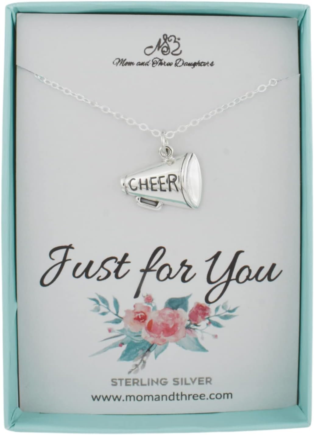 MOM & THREE DAUGHTERS Cheer Megaphone Necklace |16" Cable Chain | 925 Sterling Silver | Girl's Cheerleading Gift | Jewelry for Girls