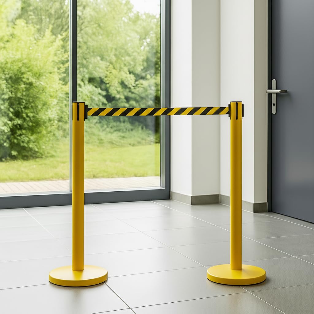 Lot de 2 barrières de ceinture rétractables de 3 m – Poteau en acier robuste pour le contrôle des files d'attente et de la foule – Barrière de sécurité rétractable autoportante durable (poteau jaune