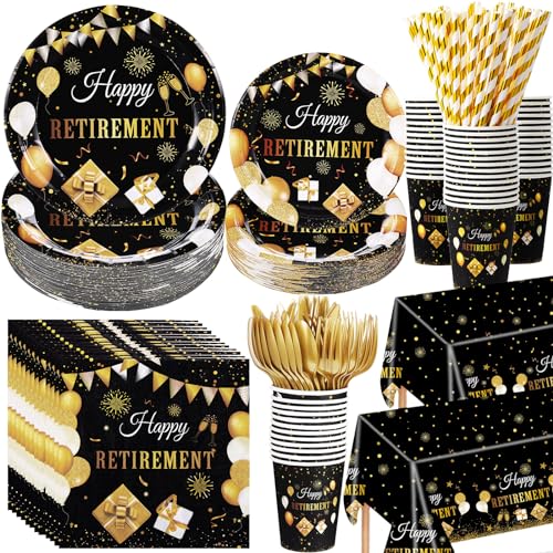 Funnymoom 452 Pcs Happy Retirement Party Decorations Men Black Gold Retirement Paper Plates and Napkins Cups Tablecloth Cutlery Straws Disposable Tableware Party Supplies for Men Women
