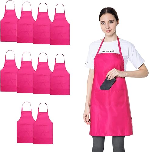Paquete de 10 delantales con peto rosa a granel para mujeres y niñas, adultos, pintura, barbacoa, cocinar, hornear, con bolsillos (10, rosa)
