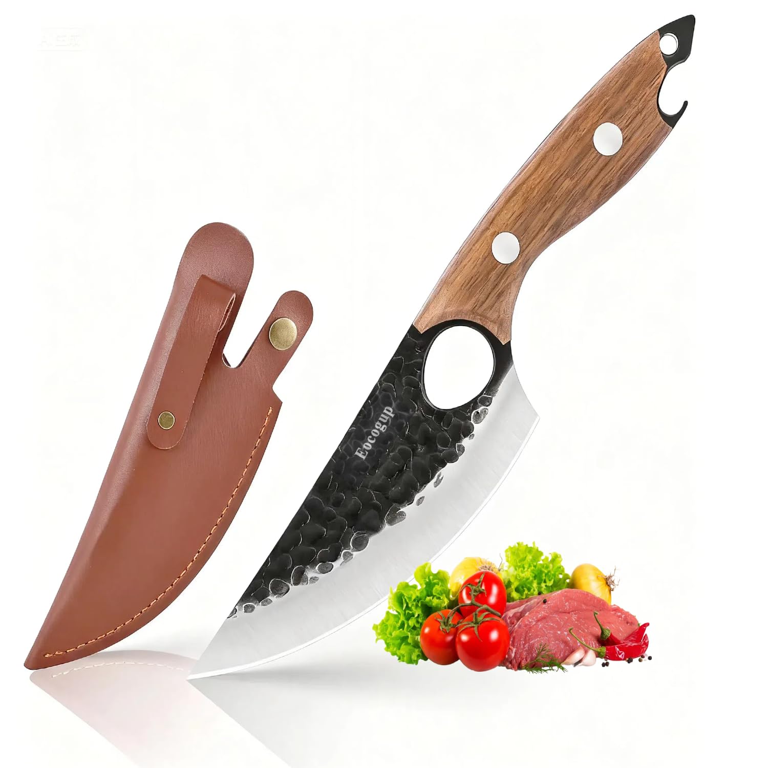 Chef Knife 11.1 inch with Leather Sheath - Multipurpose Sharp Kitchen Knife Capable of Opening Beer Bottles,Japanese Butcher Knife for Home,Outdoor,and Camping Use,Suitable for Women Men