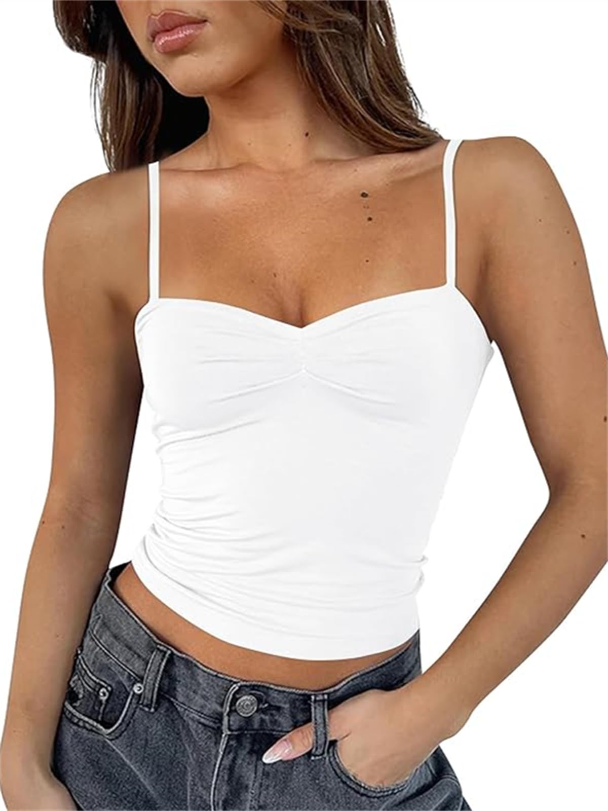 ForeFair Women Y2K Sweetheart Neck Sleeveless Crop Tank Tops Backless Spaghetti Strap Pleated Bustier Camis Going Out Top