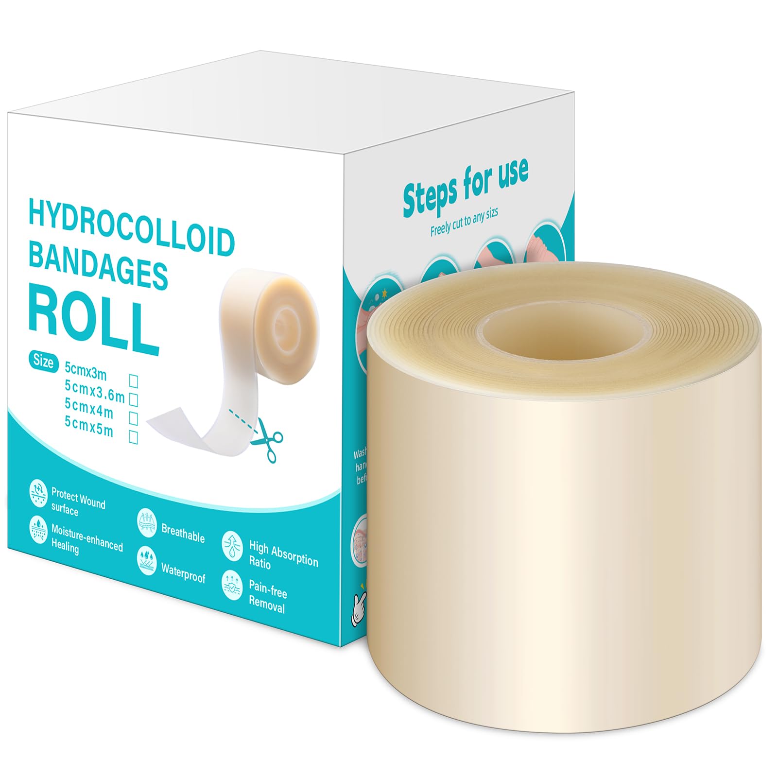 Hydrocolloid Roll for Wound Care - Extra Large Cut-to-Size Medical-Grade Hydrocolloid Patch Bandages with Self-Adhesive, Ultra Absorbent or Burn, Blister, Acne Care, Sterile & Waterproof (2IN*16.5FT)