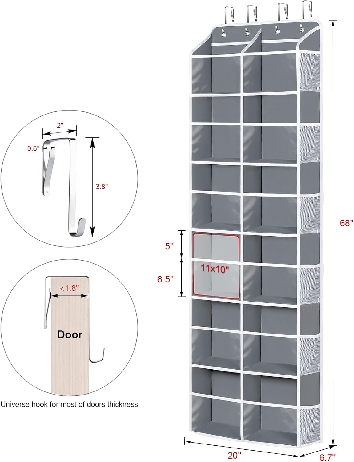 Univivi Over the Door Organizer, 6 Tiers Behind Door Storage with Clear Deep Pockets Hanging Organizer for Closet, Bedroom, Nursery, Bathroom and Sundries (Grey) - Image 2