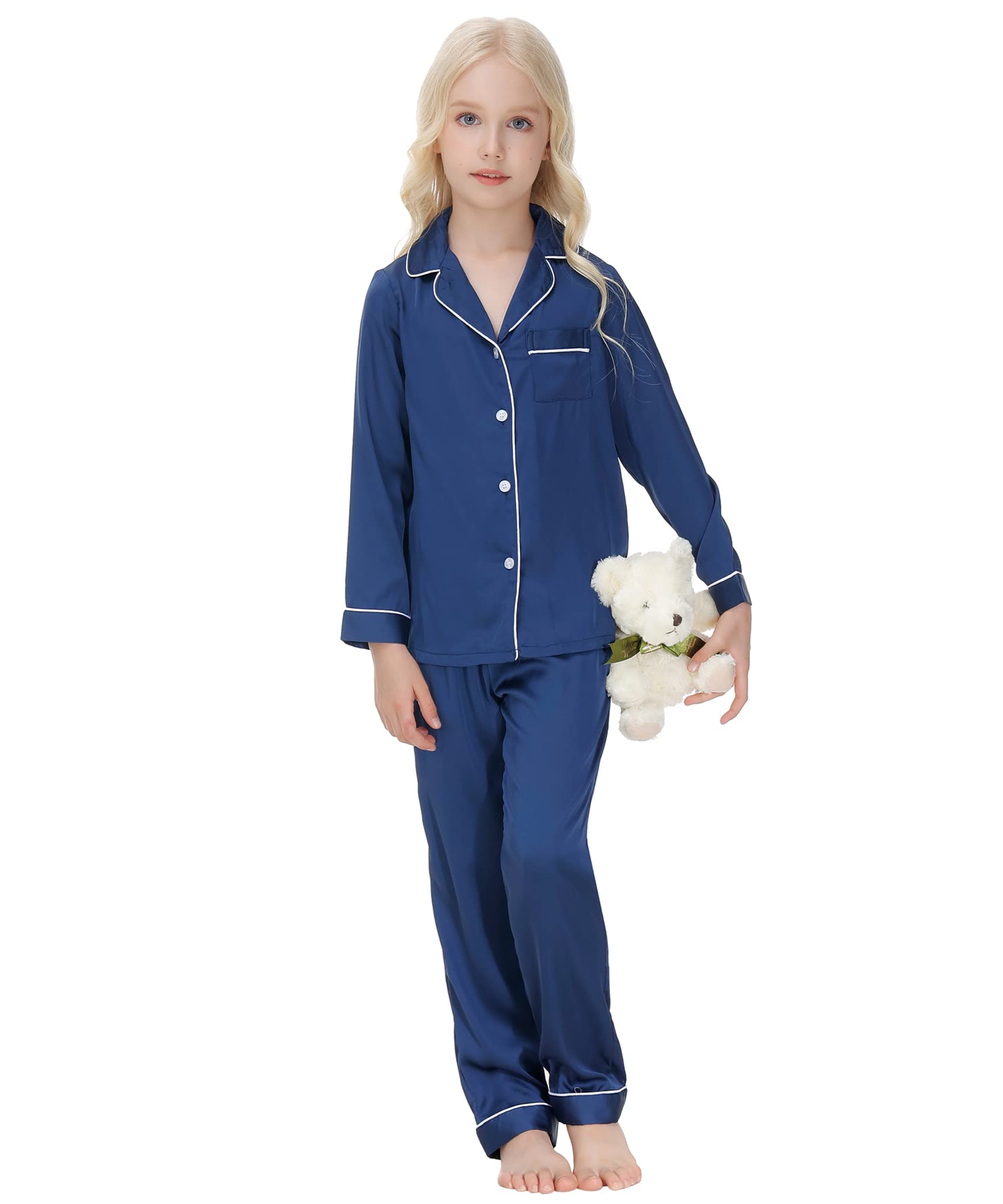 Verve Jelly Bambini Bambino Bambino Ragazza Ragazzo Pigiama Raso Set Manica Lunga Button-Down Magliette e camicette Camicia Pigiama + Pantaloni Lunghi Bottoms Pantaloni Degli Indumenti Da Notte Abiti