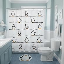 Cartoon Penguin Shower Curtain Cute Funny Animal Penguins Wildlife Stripes Winter Climate Arctic Cold Season Boys Girls Bathroom Decor Fabric Curtains with Hook 70Wx70H Inches