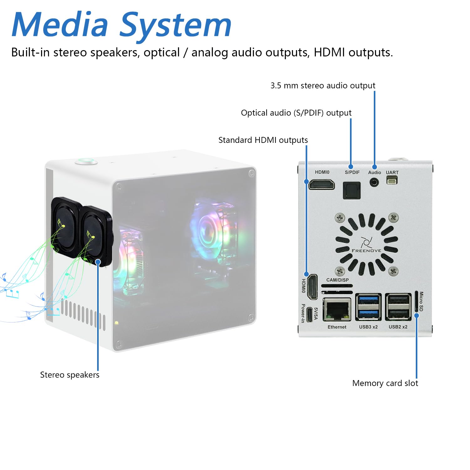 Freenove NAS Case for Raspberry Pi 5 (Not Included), Quad M.2 NVMe SSD Slots, PWM ARGB Fans Light Sync, CPU Tower Cooler, Built-in Stereo Speakers, 3.5 mm and Optical Audio (S/PDIF) Outputs
